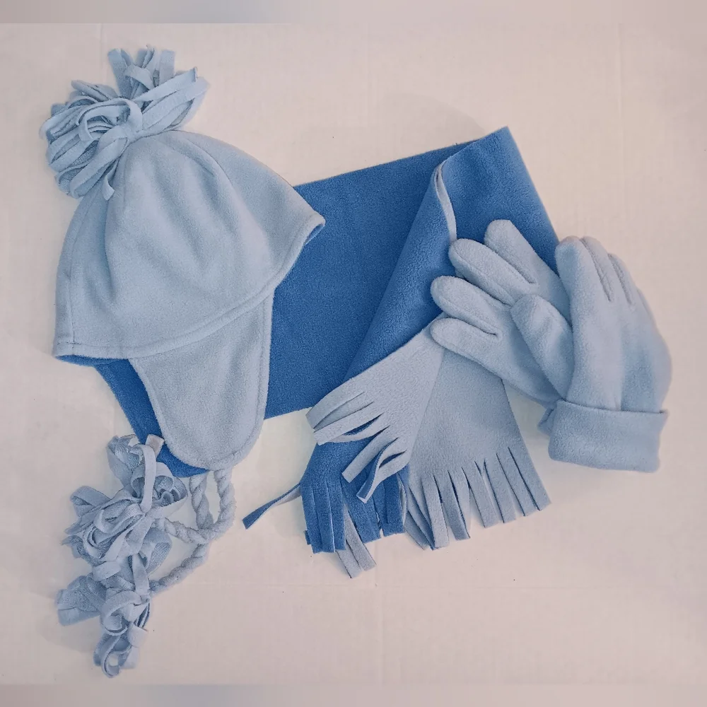 Kids Blue Fleece Winter Hat, Scarf, and Gloves Set Two Tone Light Dark